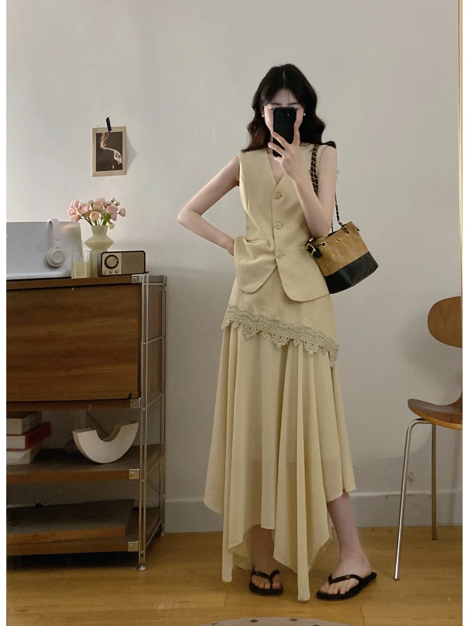 

plus Size Women's Lace Suit Vest And Midi Skirt Set Summer New Style Splicing High Waist Korean Version Fashionable Office Wear
