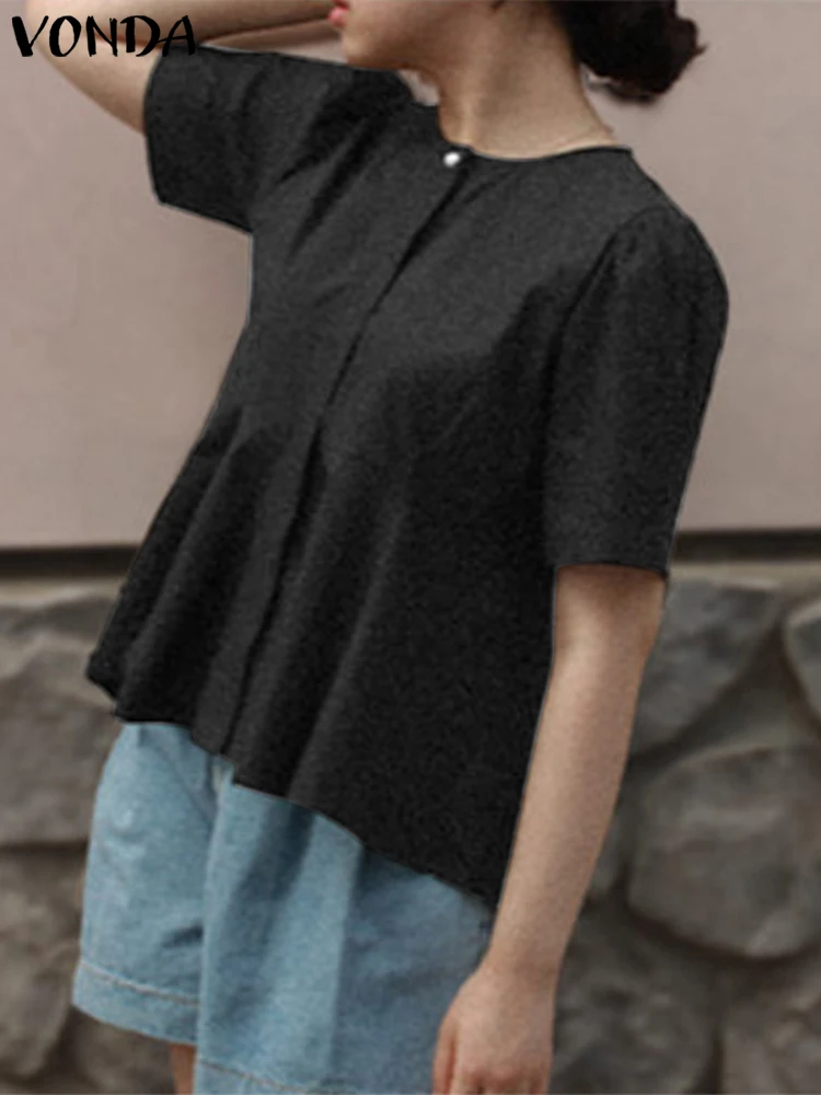 

Women Blouse 2023 VONDA Summer Short Puff Sleeve Party Shirts Fashion Casual Solid Color O Neck Tops Femininas Loose Pullover