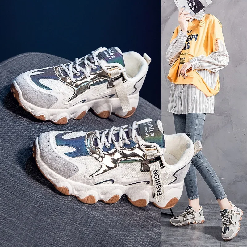 

Mesh PU Dad Shoes Spring Autumn Breathable Casual Shoes Thick Sole Women's Sports Shoes