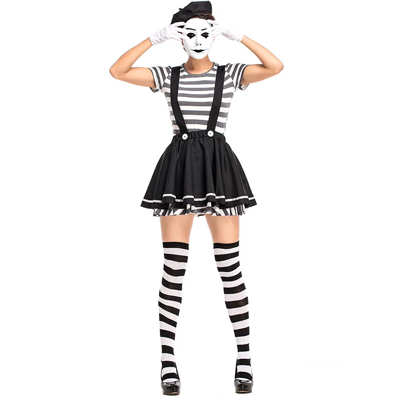 

Halloween Adult Black and White Lady Mime Artist Costume Art Street Stage Performance Fantasia Fancy Dress