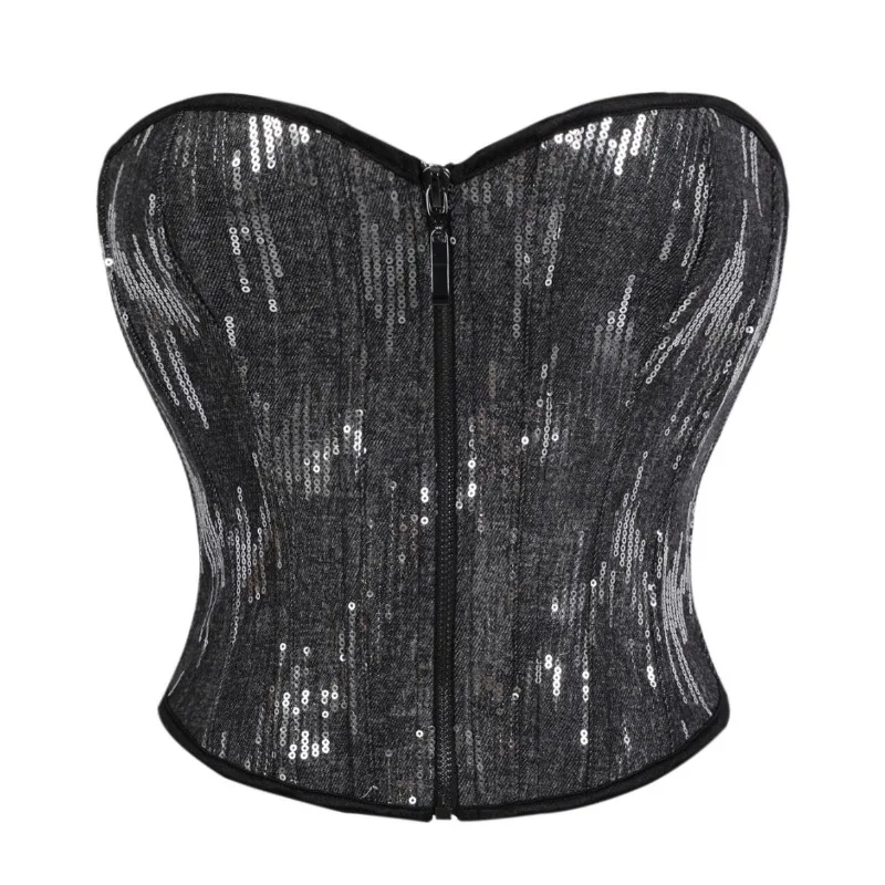 Silver Sequin Corset Top | Strapless Mesh Bustier with Zipper for Club Party Stage Performance Y2K Night Out