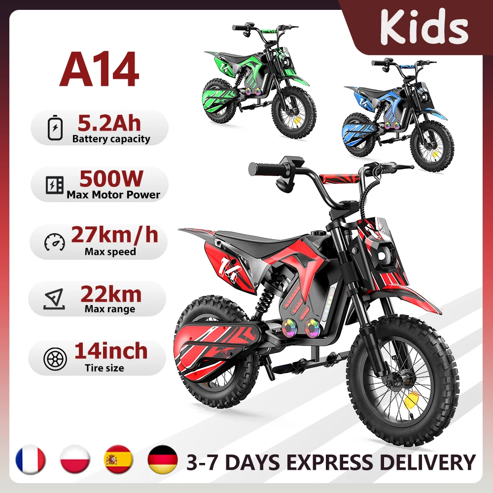 Moto électrique tout-terrain iScooter pour enfants 500W 5.2Ah, vitesse maximale 27 km/h, roues de 14 pouces, modèle A14