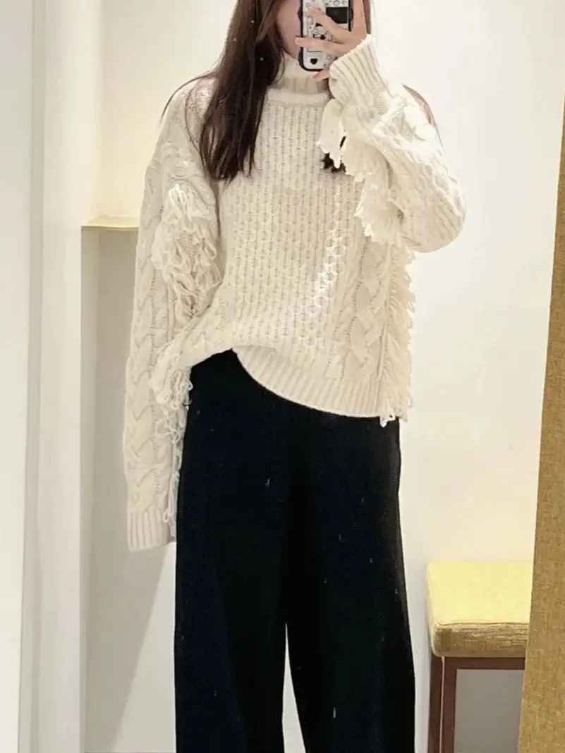 

Tassel Decoration Women Knitted Pullover High Neck Long Sleeve Vintage White Twisted Sweater