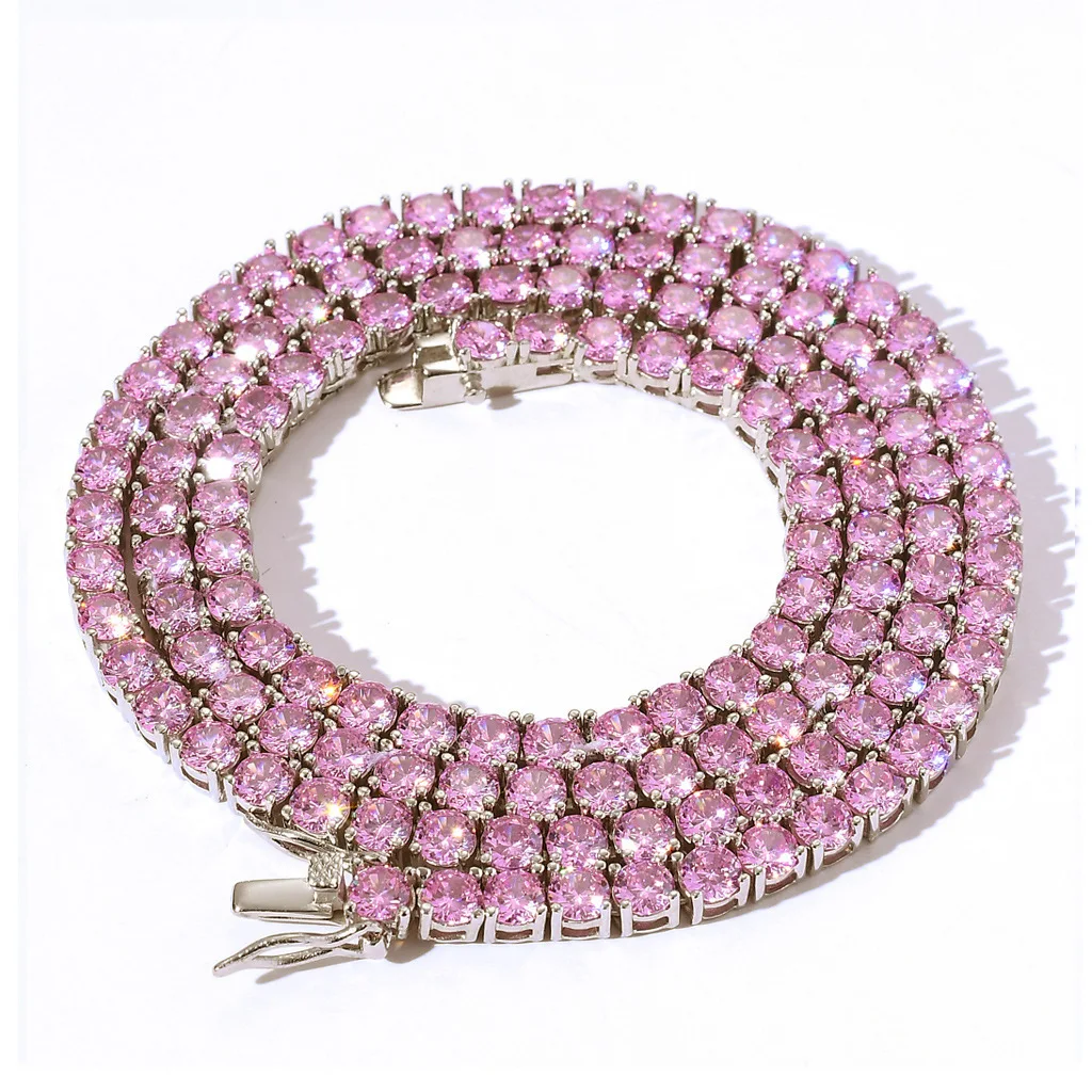 Necklace Men's Hip Hop Tennis Chain 4mm Pink Zircon Single Row Zircon Necklace Tennis Chain