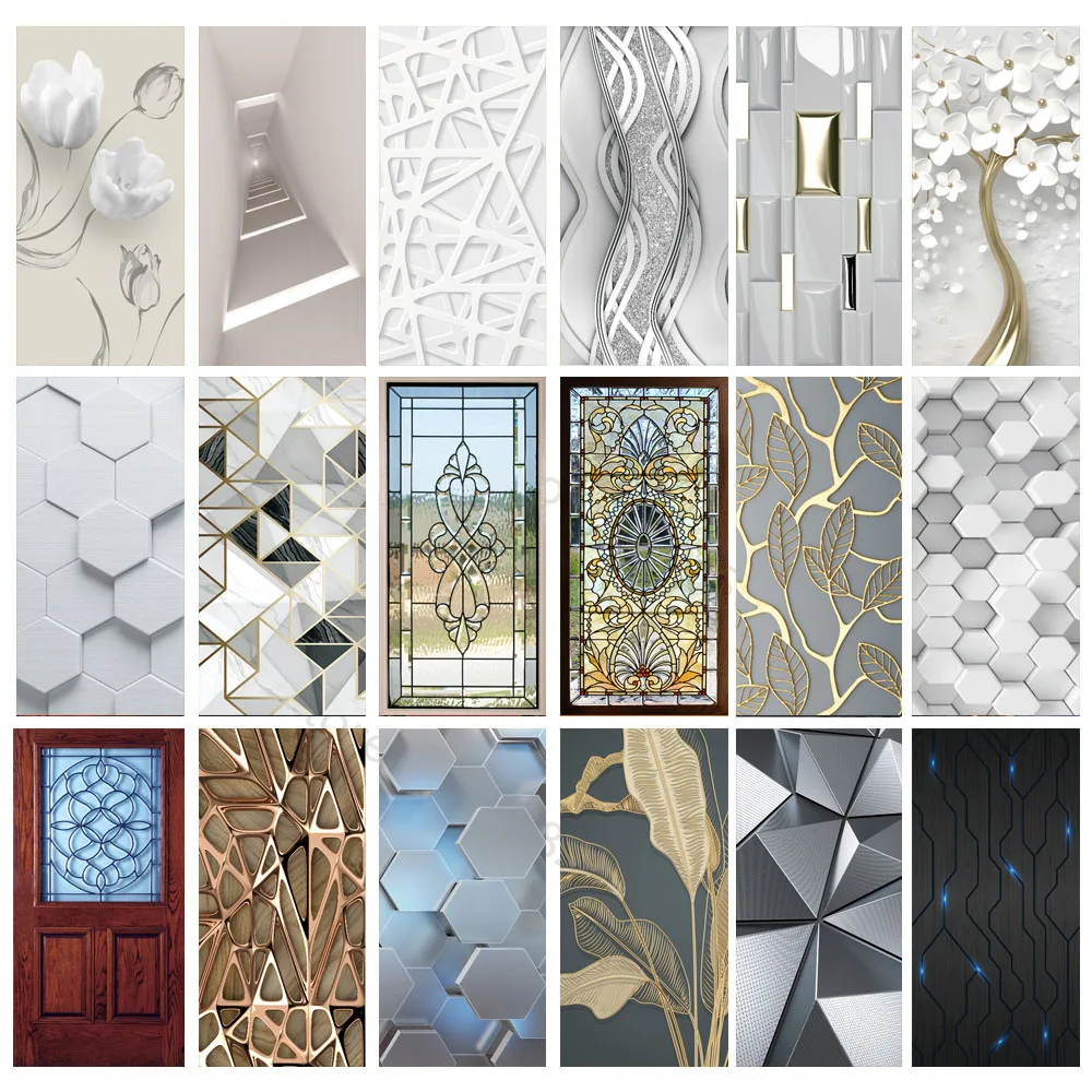 PVC Door Sticker Modern 3D Abstract Fashion Line Silver Pearl Wallpaper Living Room Art Door Poster Self-Adhesive Mural Stickers