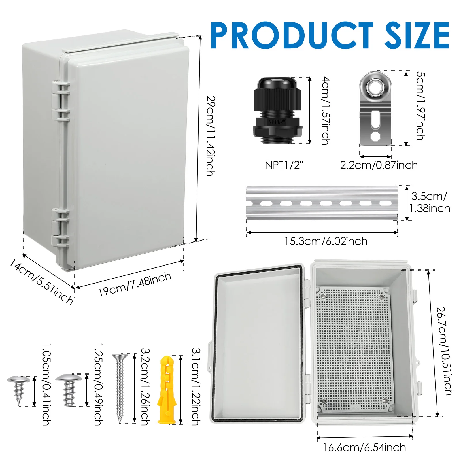 Outdoor Electrical Enclosure IP67 Waterproof Junction Box ABS 11.4x7.5x5.5in DIN Rail Mounting Plate Cable Glands For Solar Pump