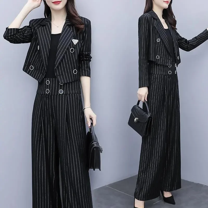 Royal Sister Autumn Fashion Westernized Celebrity Style Korean Fashion Set Striped Short Coat Wide Leg Pants Two Piece Set Women