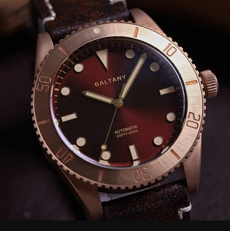 Baltany Мужские дайверские часы 44 мм бронзовые автоматические механические наручные часы с сапфировым стеклом 20ATM водонепроницаемые BGW-9 светящийся кожаный ремешок NH38