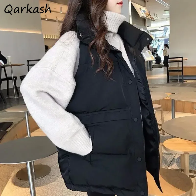 

Vests Women Winter Warm Loose Pockets College Fashion Cotton Ulzzang Leisure Outwear All-match Femme Pure Color Simple Basic Ins
