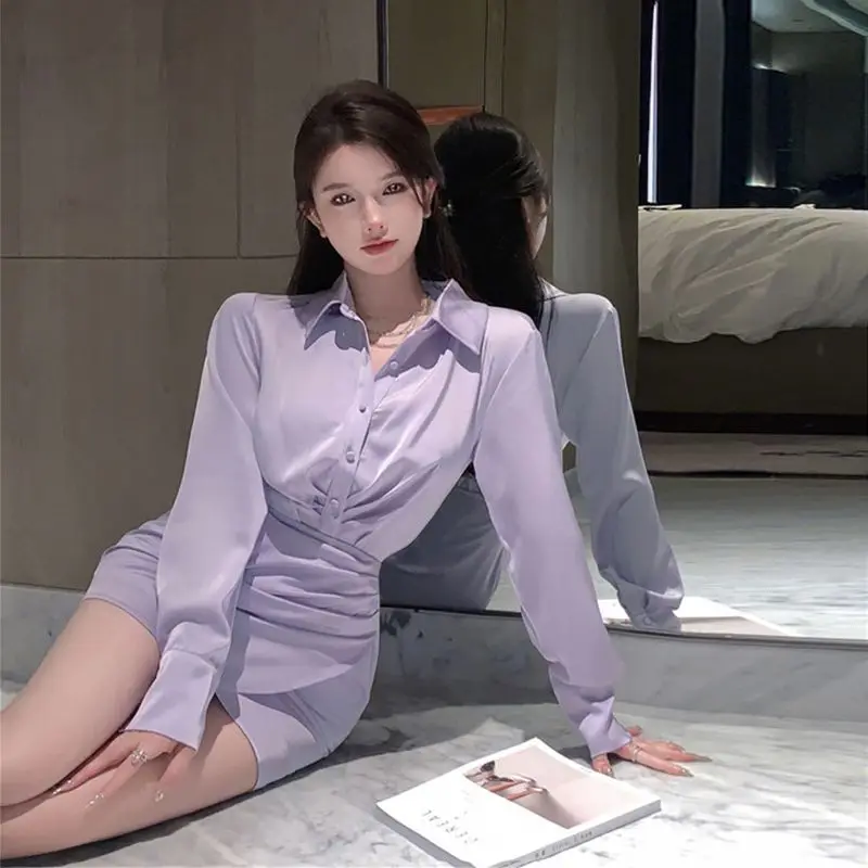 Ele P Purple Satin Long Sve irt Dr Women's Slimming Waist Cinched Bodycon Skirt Spring Autumn Ladylike Sle