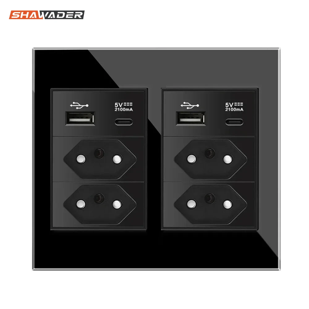 Shawader 4*4 20A Brazil Plug Wall Socket Tomada USB Type C Pressure Switch Tempered Glass Panel Outlets Home Office Kitchen