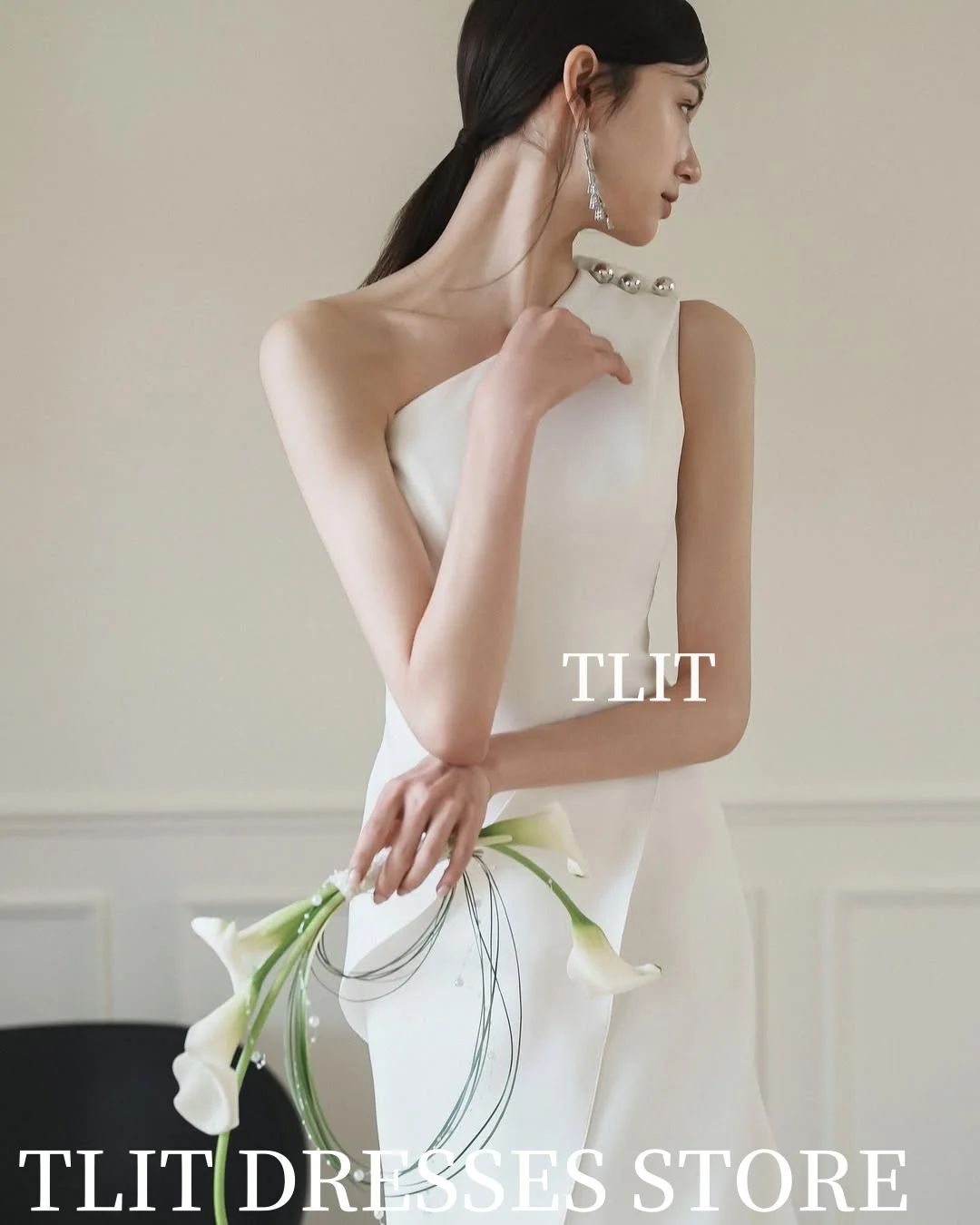فستان سهرة حورية البحر أبيض بسيط من TLIT فساتين زفاف كورية لالتقاط الصور مخصص بكتف واحد سويب تراين فساتين حفلات