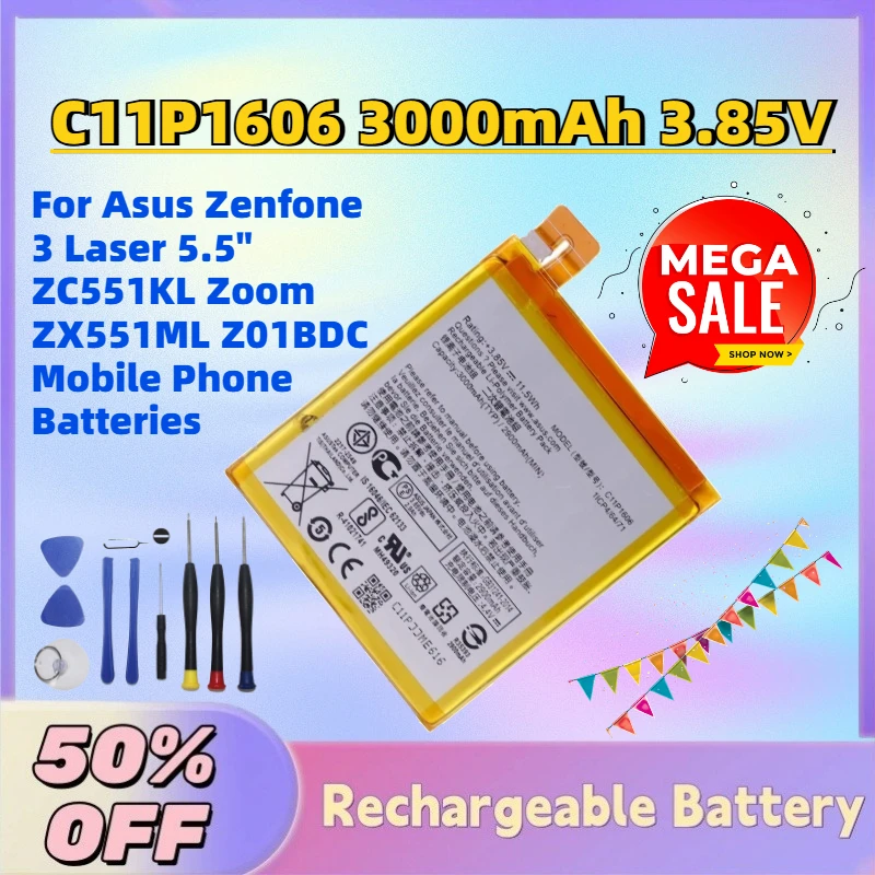 

High-Quality C11P1606 3000mAh 3.85V Battery for Asus Zenfone 3 Laser 5.5" ZC551KL Zoom ZX551ML Z01BDC Mobile Phone Batteries