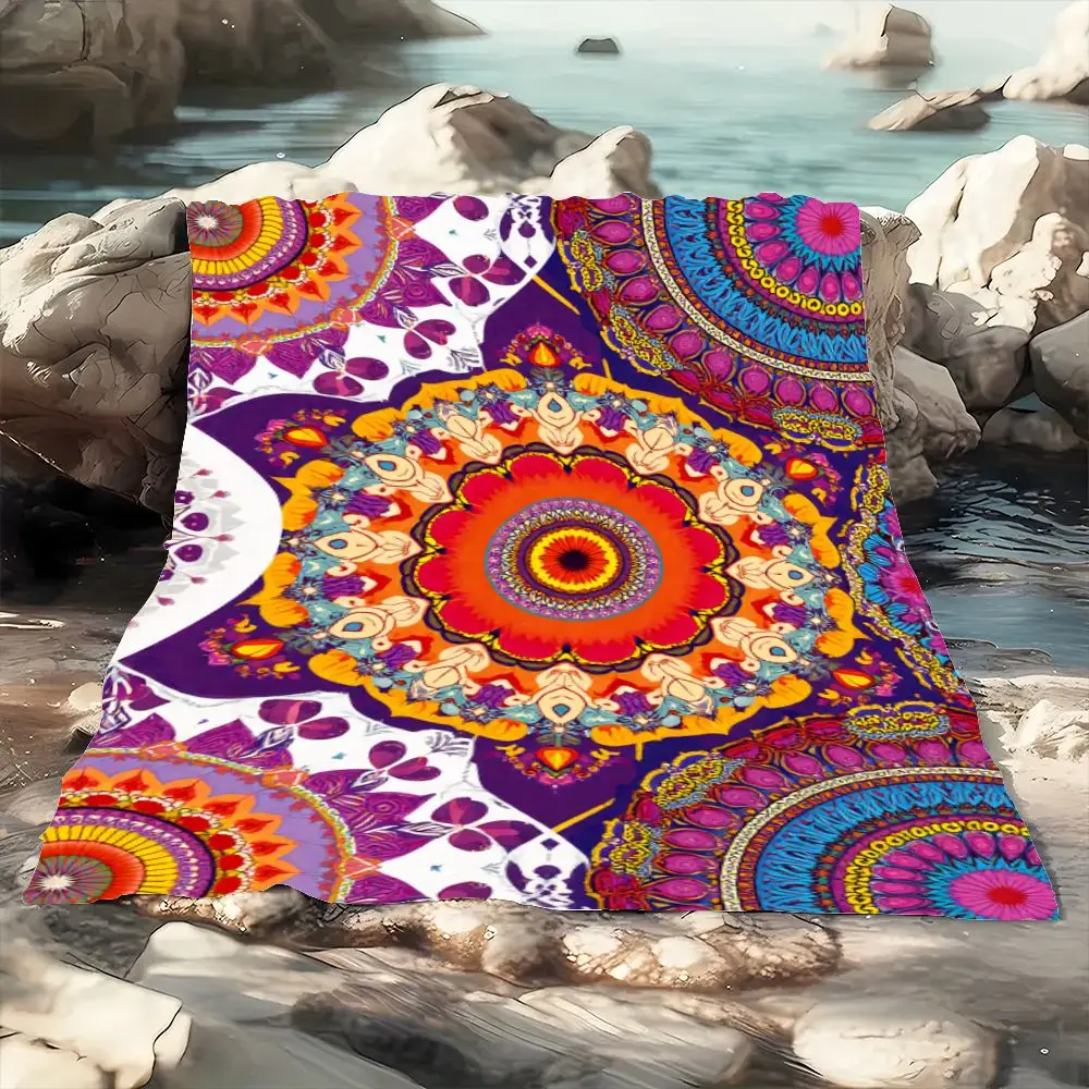 Vibrant Colorful Mandala Pattern Art Print - Intricate Symmetrical Design Featuring Floral & Circular Motifs on Deep Purple Back