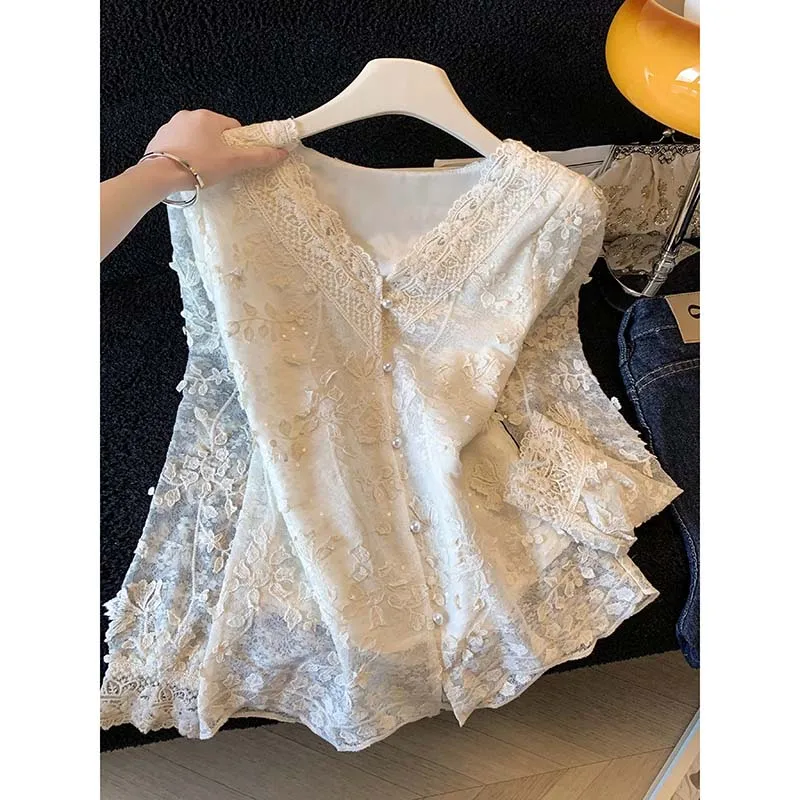 

French advanced jacquard embroidered lace V-neck shirt women's spring 2026 new western-style blouse long sleeve blouse