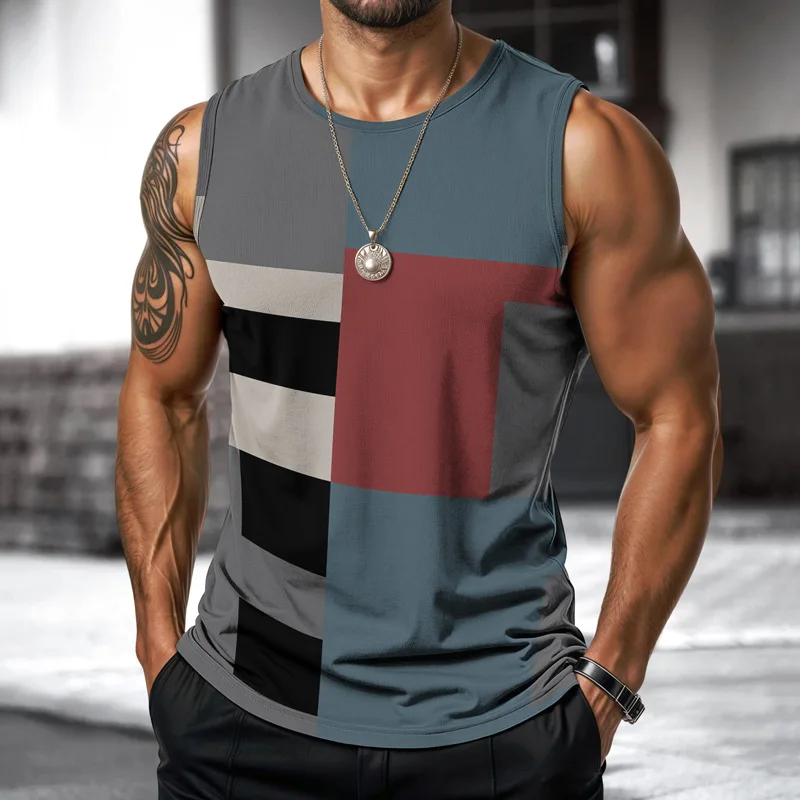 Retro Fitness Men Vest Street Fashion Round Neck Sleeveless T Shirt Printed Daily Outdoor Sports Running Top Animal Plaid