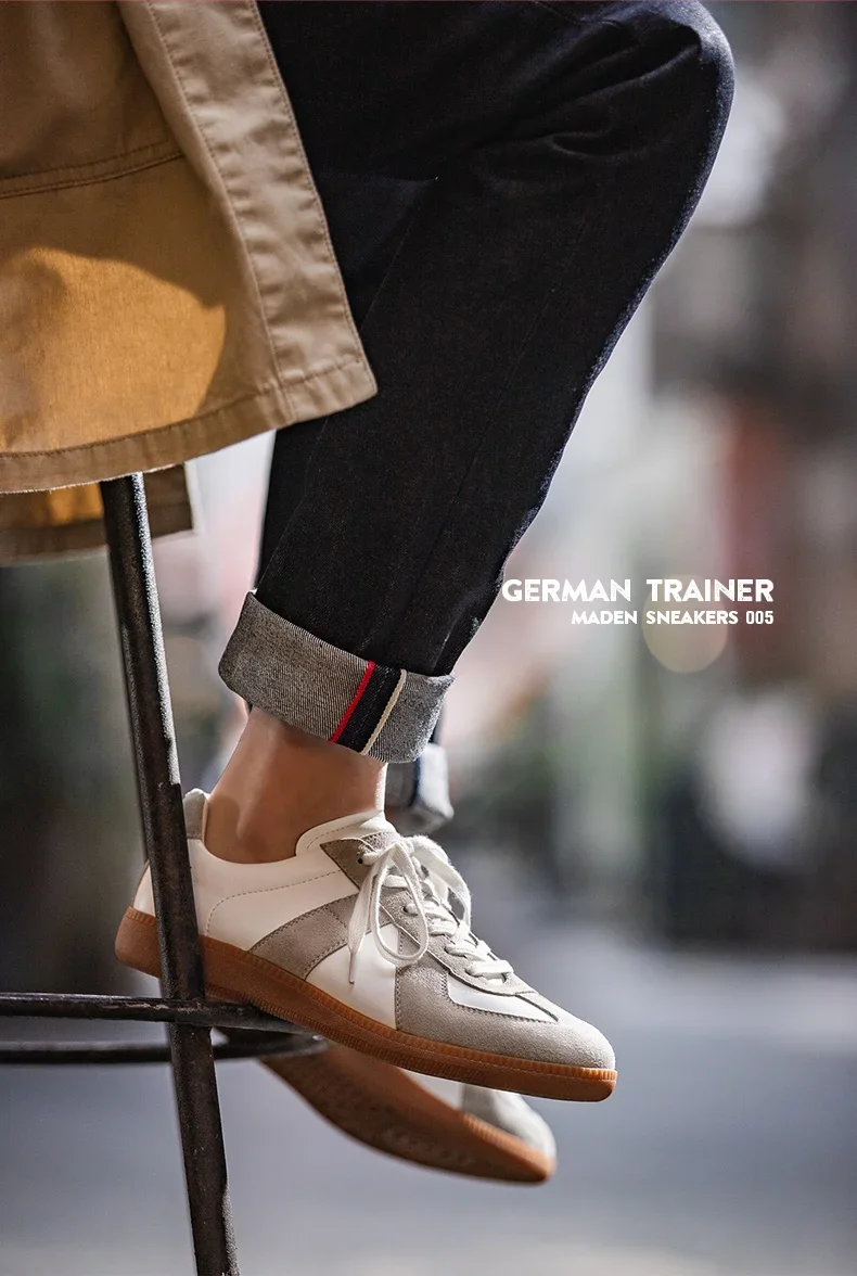 Maden Vintage Patchwork German Trainer Sneakers Unisex Summer Sports Casual Shoes Split Leather Lace-up Outdoor Flat Shoes