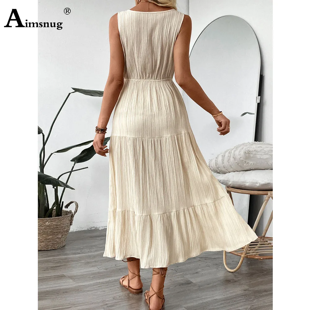 2025 여성 민소매 보헤미안 레이스 솔리드 시스루 드레스 신상 여름 롱 맥시 드레스 여성 캐주얼 심플 V넥 비치 드레스