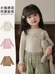 Autumn Children Little Rabbit Embroidered Wave Pit Stripe Bottom Shirt Baby Girls Top