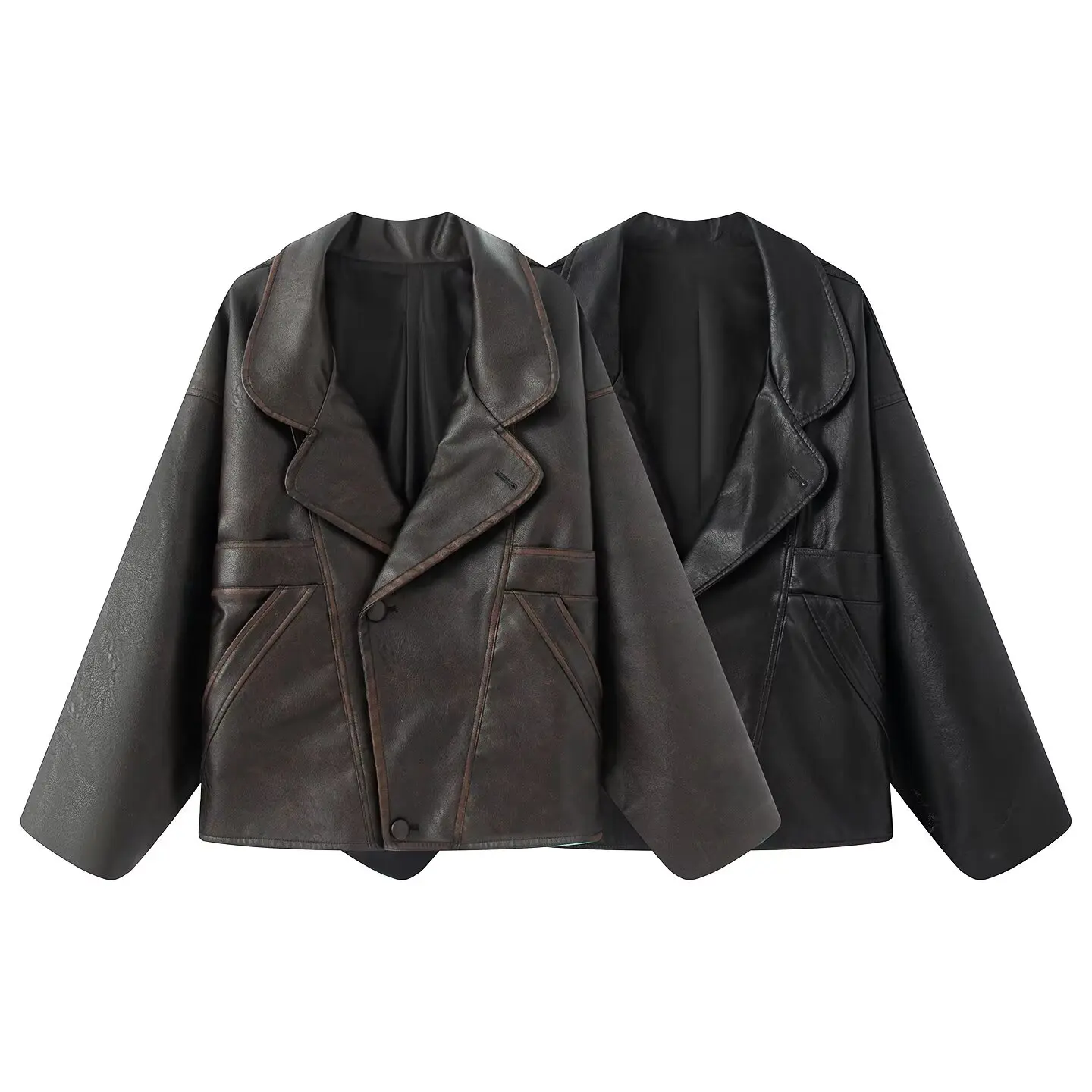 Autumn American Retro Women Washing Black PU Leather Jacket Lapel 3 Buttons Full Sleeve Oversize Coat Loose Short Outerwear