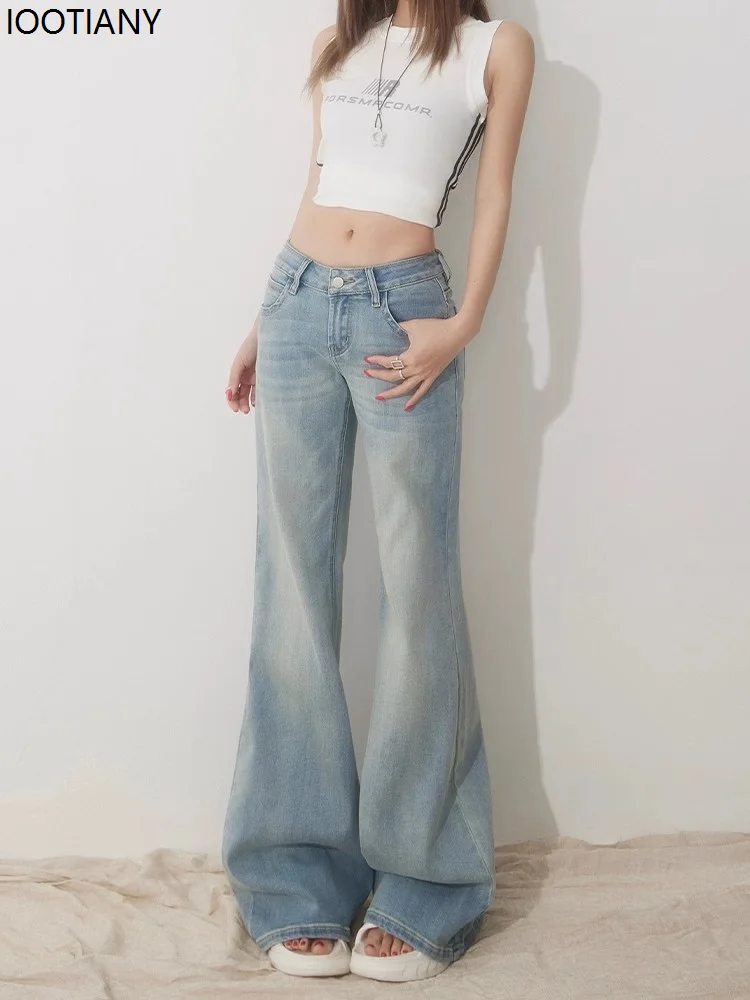 Slim Fit Simple Flared Jeans Women's High Fashion Casual British Style Light Color Street Work Low Rise Pants Classic Clothing