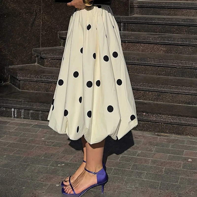 High Street Elastic Waist Loose Half Skirt Polka Dot Printed Pleated Party Long Skirt 2026 Ladies Temperament Floral Bud Skirts