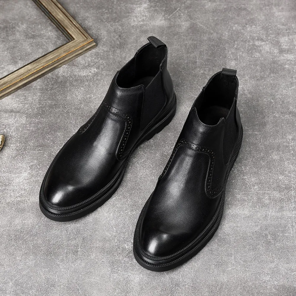 Genuine Leather Retro Mid Top Boots for Men Soft Leather Soft Sole Fleece Lined Warm Comfortable Round Toe Business Casual