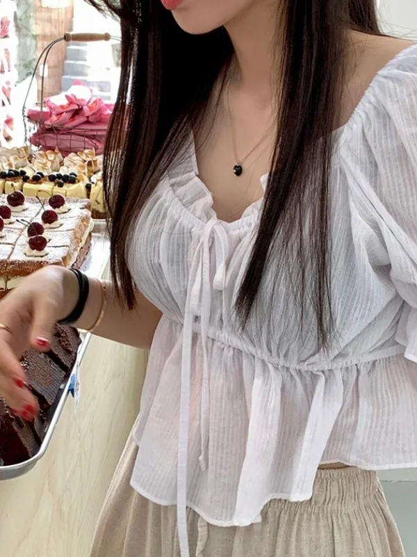 

Chic Summer Women's irt Bowtie Pleated Versatile Asymmetrical Lace Trim ort Bubble Sve Blouse Commute Sle Pure Color