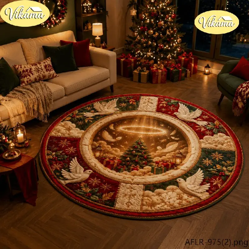 VIKAMA Christmas Round Rug Holly Berries Gold Bell Bow Christmas Tree Area Rug Living Room Holiday Home Decor Aesthetic Art Cute