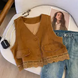 Womens' Suede Vest Lace Patchwork Waistcoat
