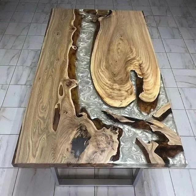 More Design Luxury Factory Direct Cafe Coffee Kitchen Restaurant Solid Walnut Wood River Epoxy Resin Slab Dining Table