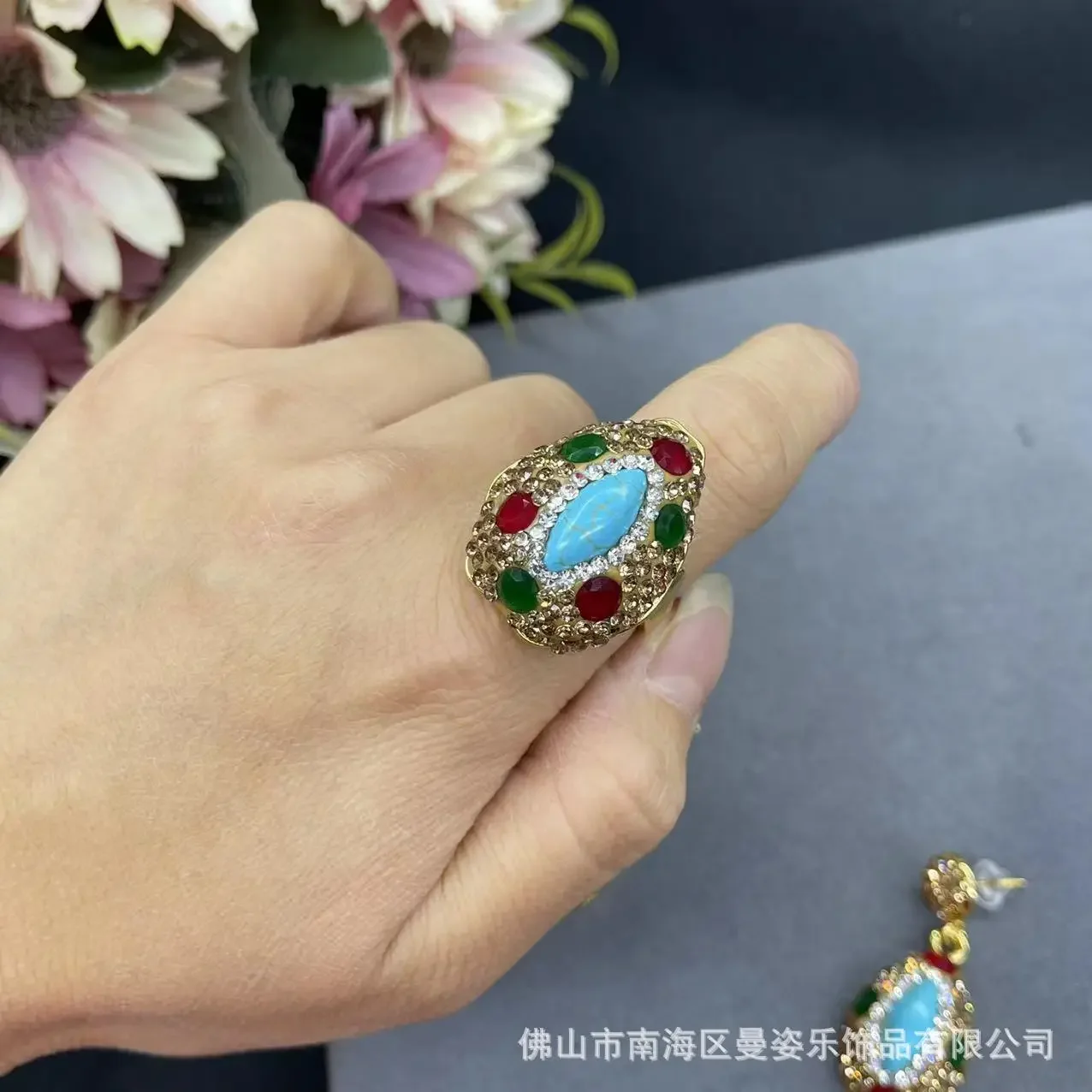 Horse eye turquoise inlaid ruby three-piece set personalized exaggerated design European and American jewelry fac