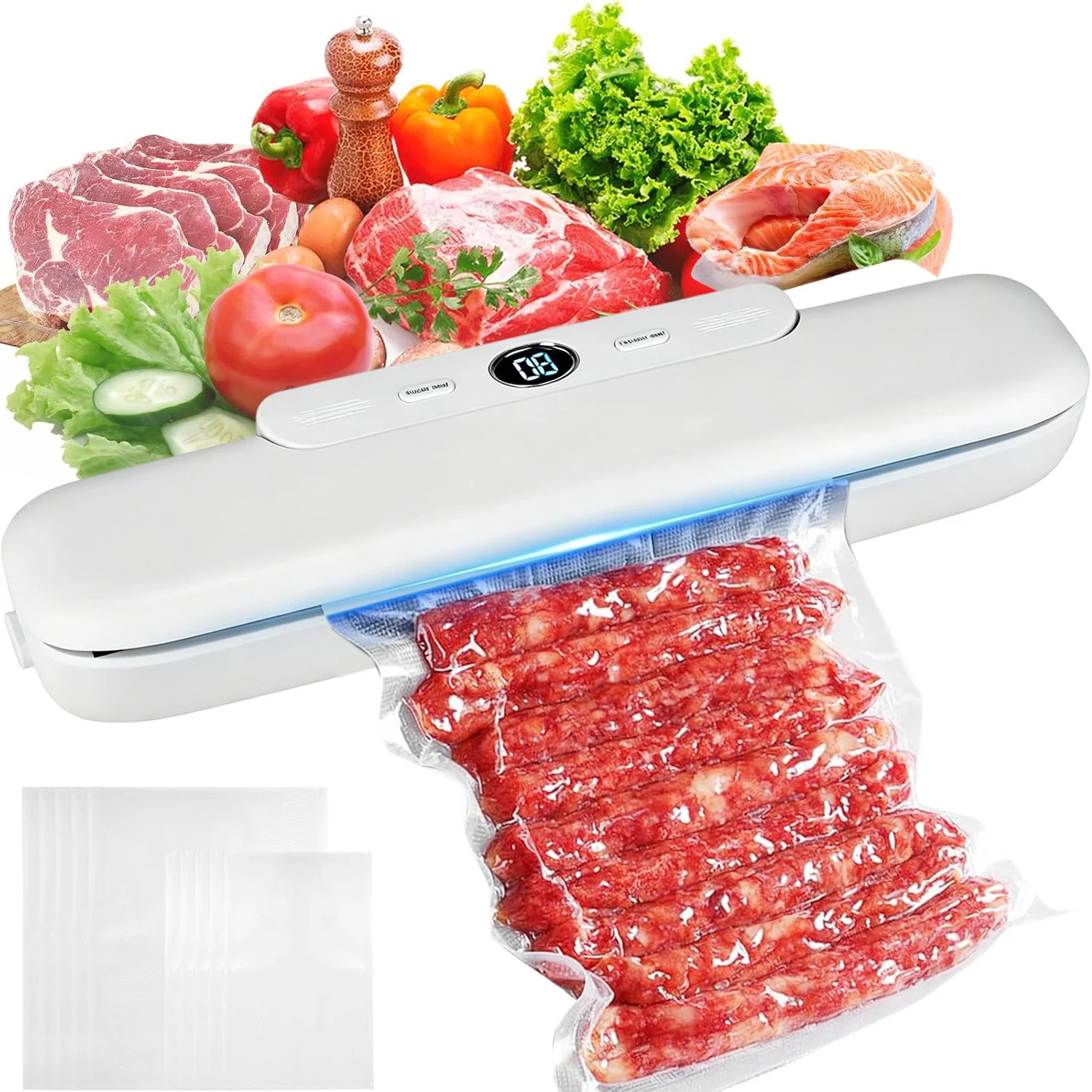 Küchen-Vakuumiergerät 65kPa Starke Saugkraft Professioneller Frischhaltefolienversiegler mit 10 Versiegelungsbeuteln für Sous-Vide, Trockene und Feuchte Lebensmittel Zuhause Camping Reisen