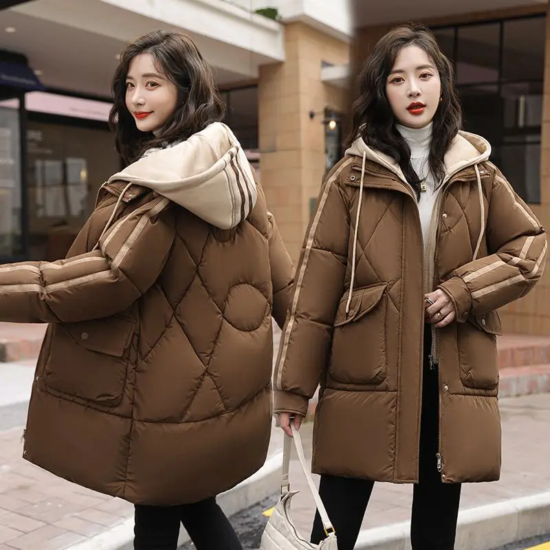 Roupas femininas falso bloco de cor de duas peças inverno grosso plus size para baixo jaqueta de algodão de comprimento médio casaco de algodão quente outerwear