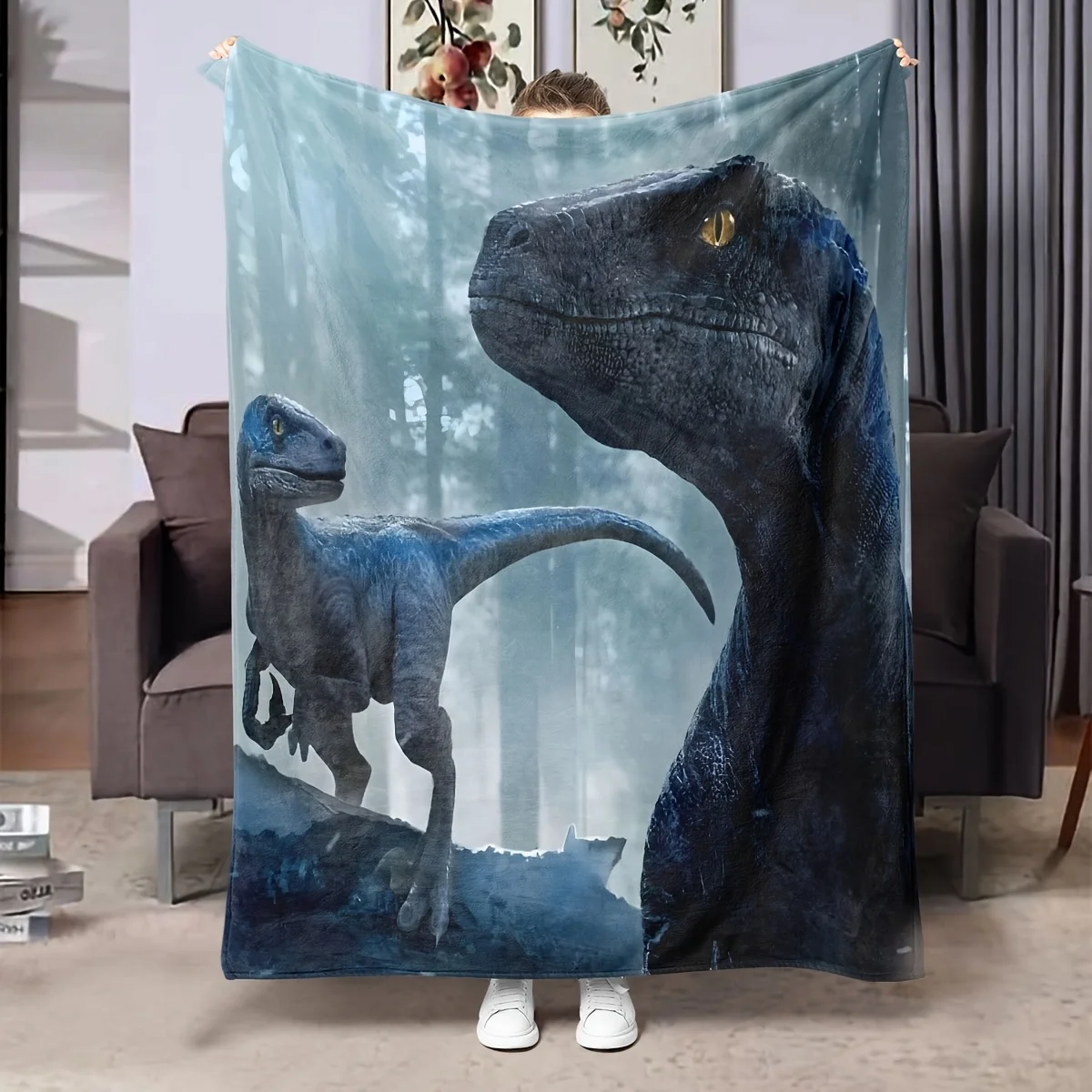 Manta con Estampado de Dinosaurios Jurásicos para Niños, Decoración de Dormitorio, Diseño de Raptor Adorable, Manta de Felpa Suave y Acogedora, Regalo para Niño