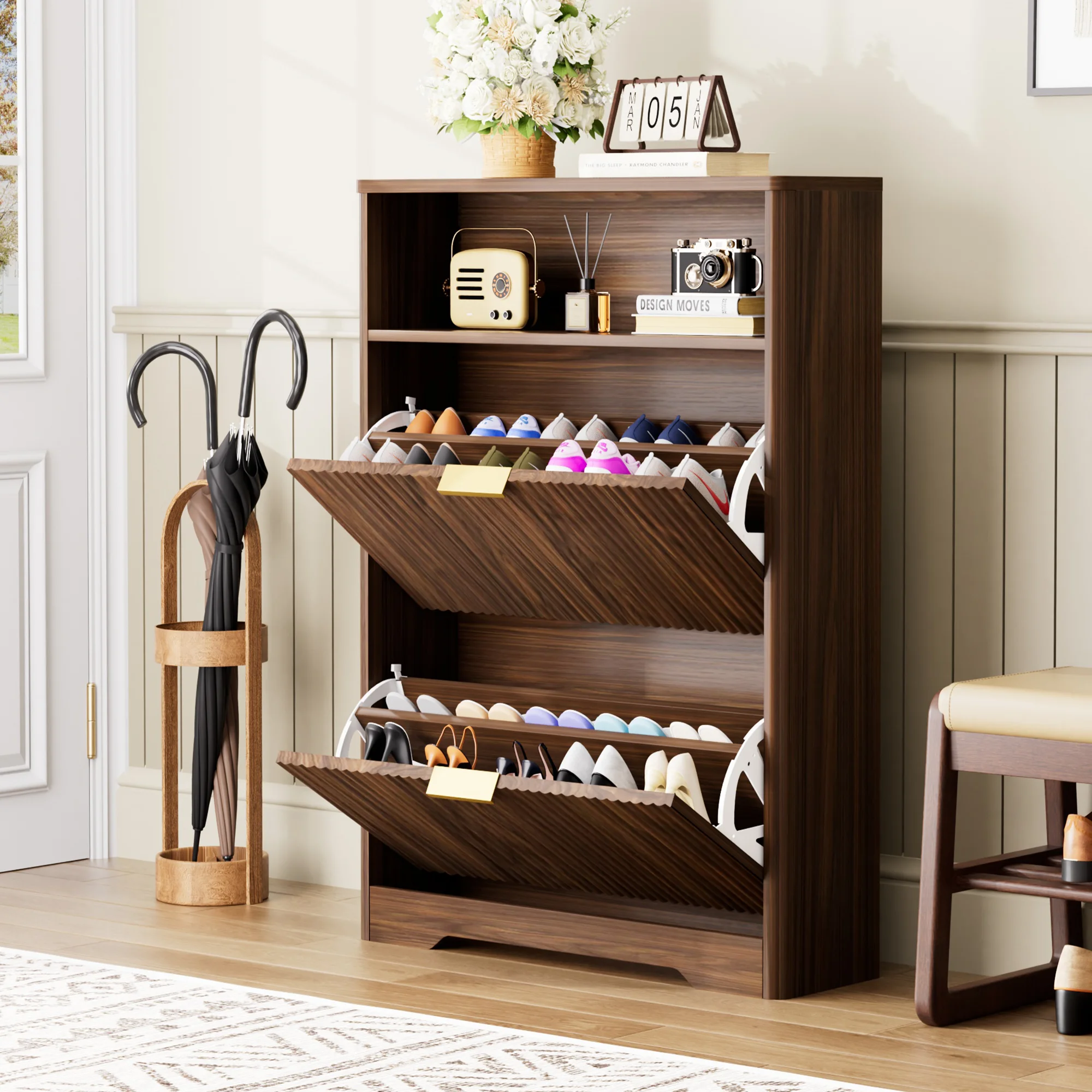 

40'-Modern Minimalist 2-Flip-Drawer Entryway Shoe Cabinet (Walnut) with Adjustable Shelves