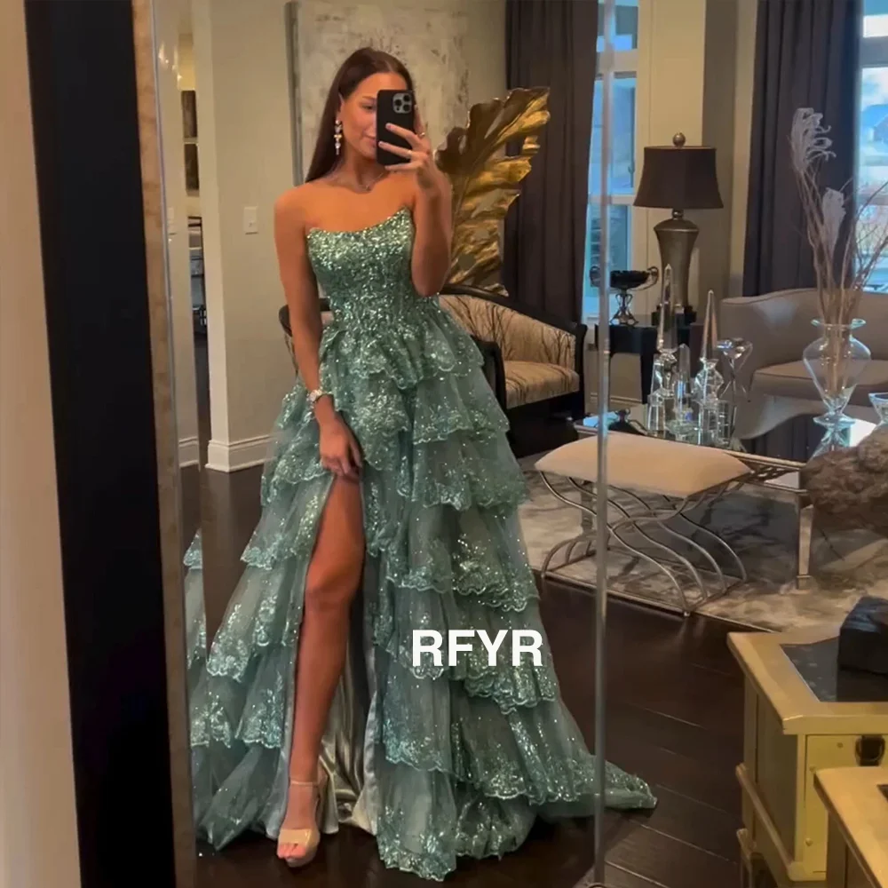 RFYR A Line Evening Dress Scoop Neck Prom Dress Lace Applique Vestidos De Noche Shiny Party Dress High Slit Gala Gown Customized view 5