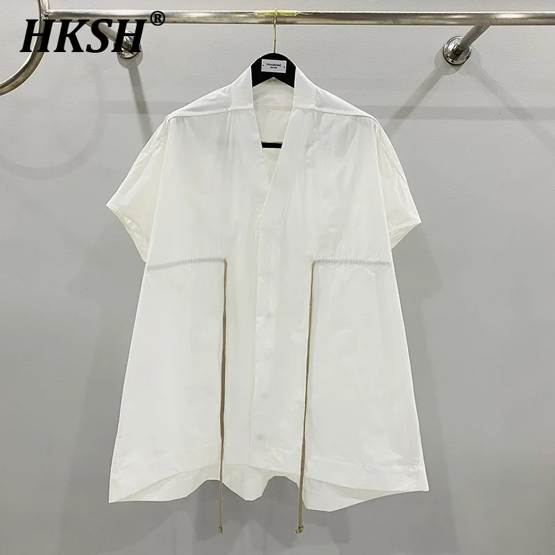 

HKSH Summer New Women's Tide Ins Fashion Casual Japanese Style Drawstring Waisted Solid Color V-neck Short Sleeved Shirts HK5438