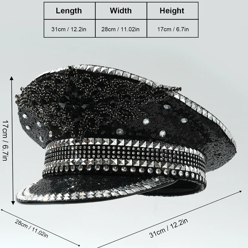 Trendy black floral-patterned stage hats for men women, featuring gemstone embellishments and rhinestone accents, perfect fo