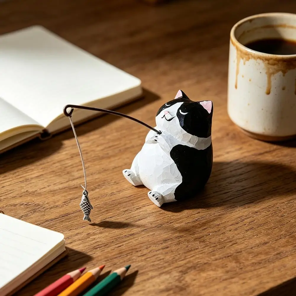 Wooden Cat Ornament Hand-carved Wood Decoration Hand-carved Wood Cat Ornament Miniature Solid Basswood Fishing Sculpture