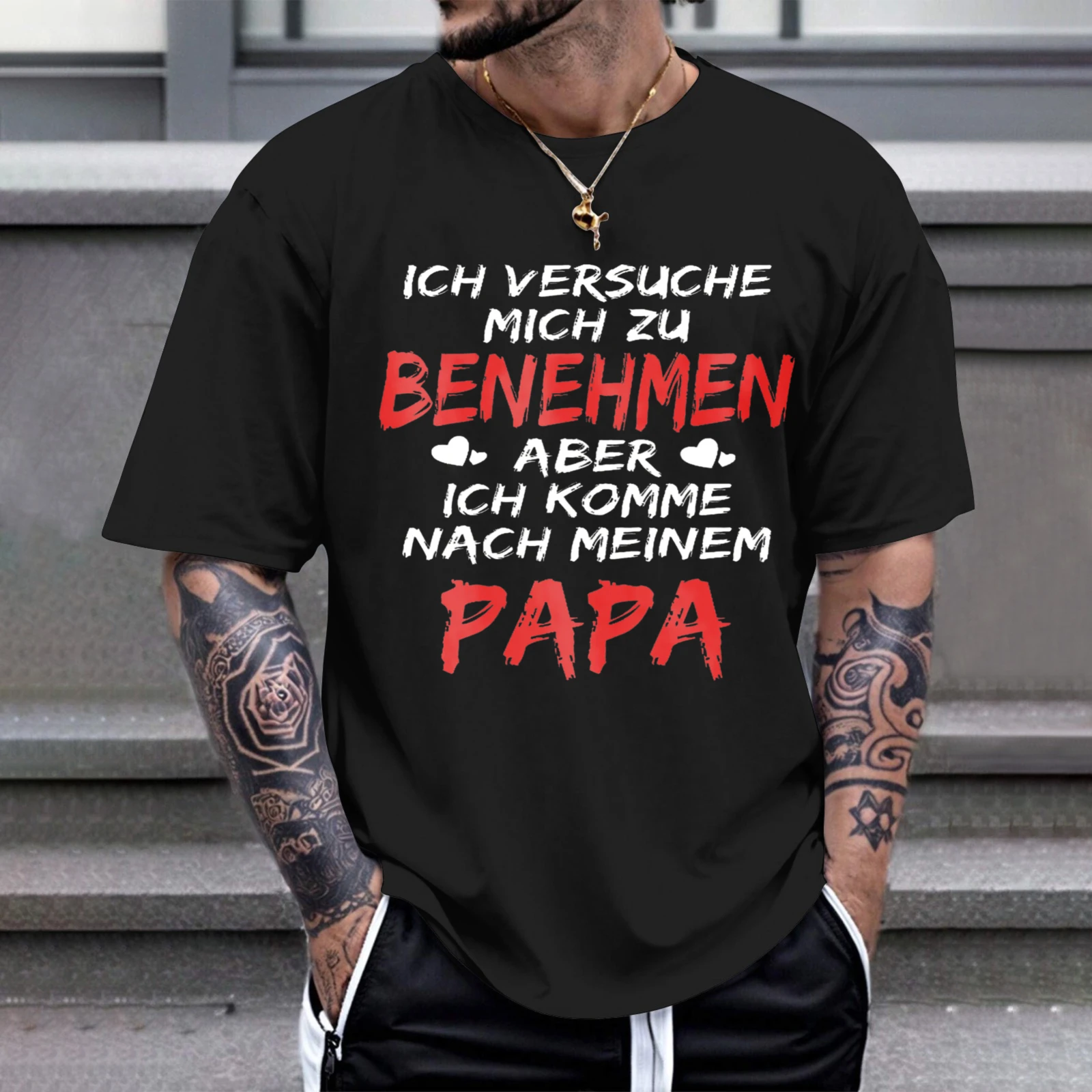 Herren-T-Shirt „I Try To Behave But I Take After My Dad“, perfekt für Freizeitkleidung, Partys und Karnevalsoutfits