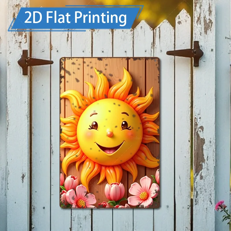 1 ชิ้น 8x12 นิ้วป้ายโลหะ "ที่มีเสน่ห์ดวงอาทิตย์และดอกไม้ 2D การพิมพ์แบนชนบทตกแต่งผนังศิลปะ"