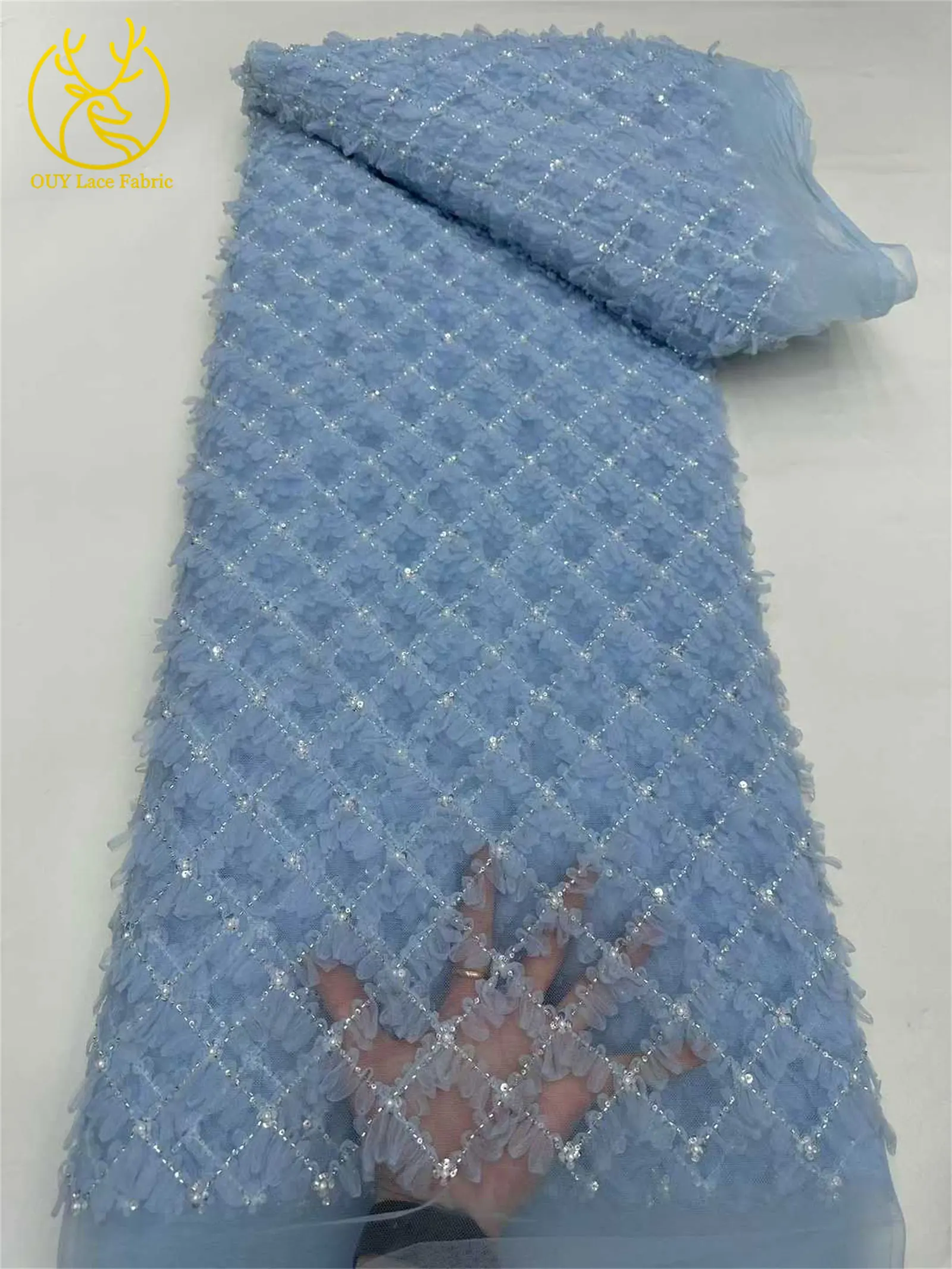 Lila Flieder 3D-Spitzenstoff 2026 Hochwertiger Afrikanischer Pailletten-Perlen-Spitzenstoff für Damen-Abendkleider Nähen 5 Yards – Detail 10