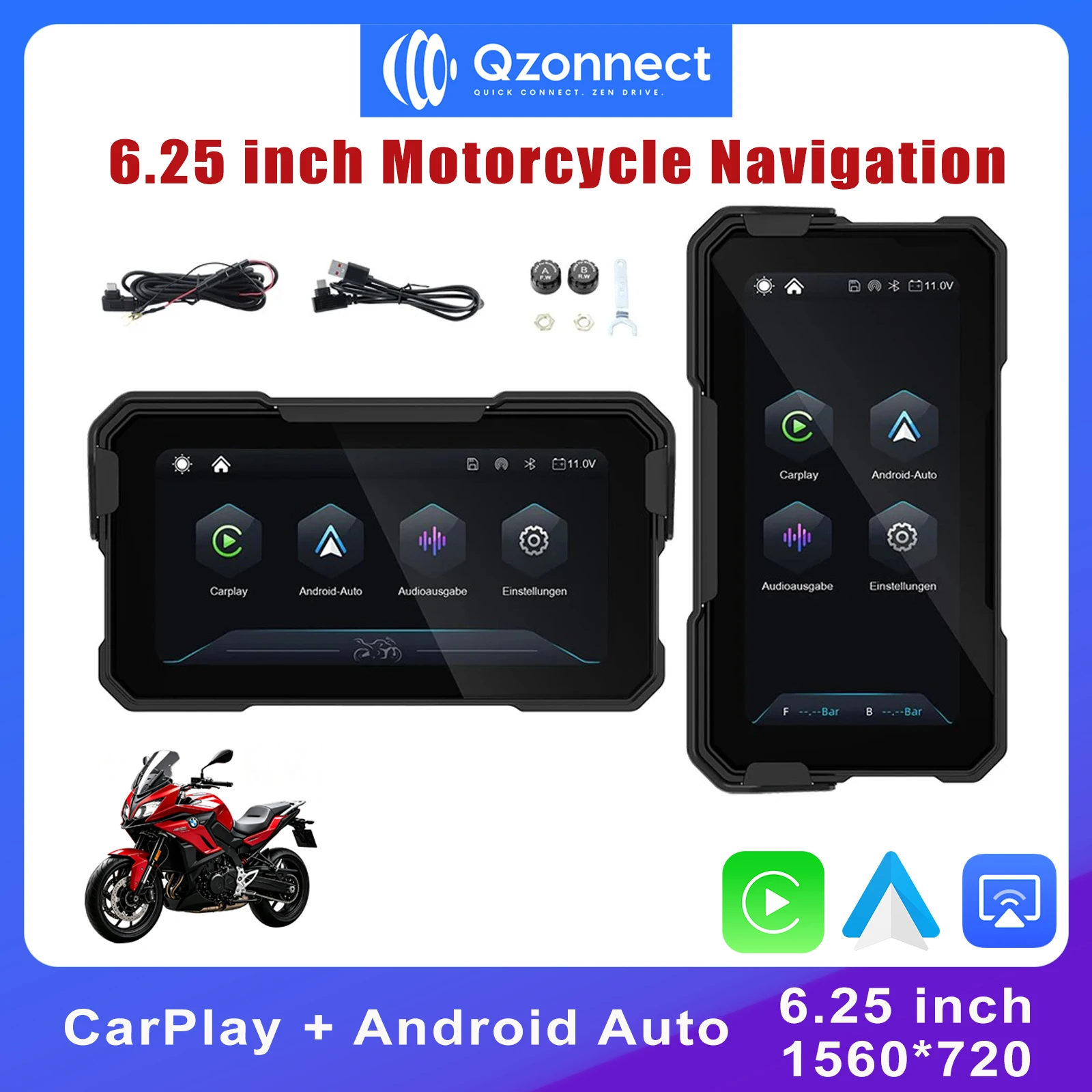 qzonnect-625-Ecran-rotatif-pour-moto-carplay-android-auto-1560x720-ips-800nits-ip67-tpms-en-option-fixation-magnetique-a-degagement-rapide-10t