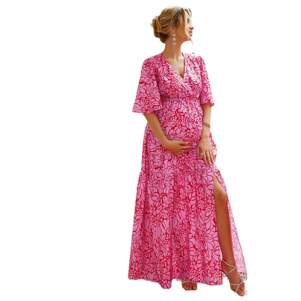 

Pregnancy Evening Dress New Women V Neck Floral Backless Maxi Maternity Prom Dress Beach Holiday Dresses for Pregnant Women