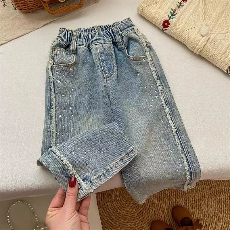 

Girls' Jeans Spring Style Wide-leg Pants Children Delicate Hot Drill Bright Flash Long Pants Fashion Straight Pants