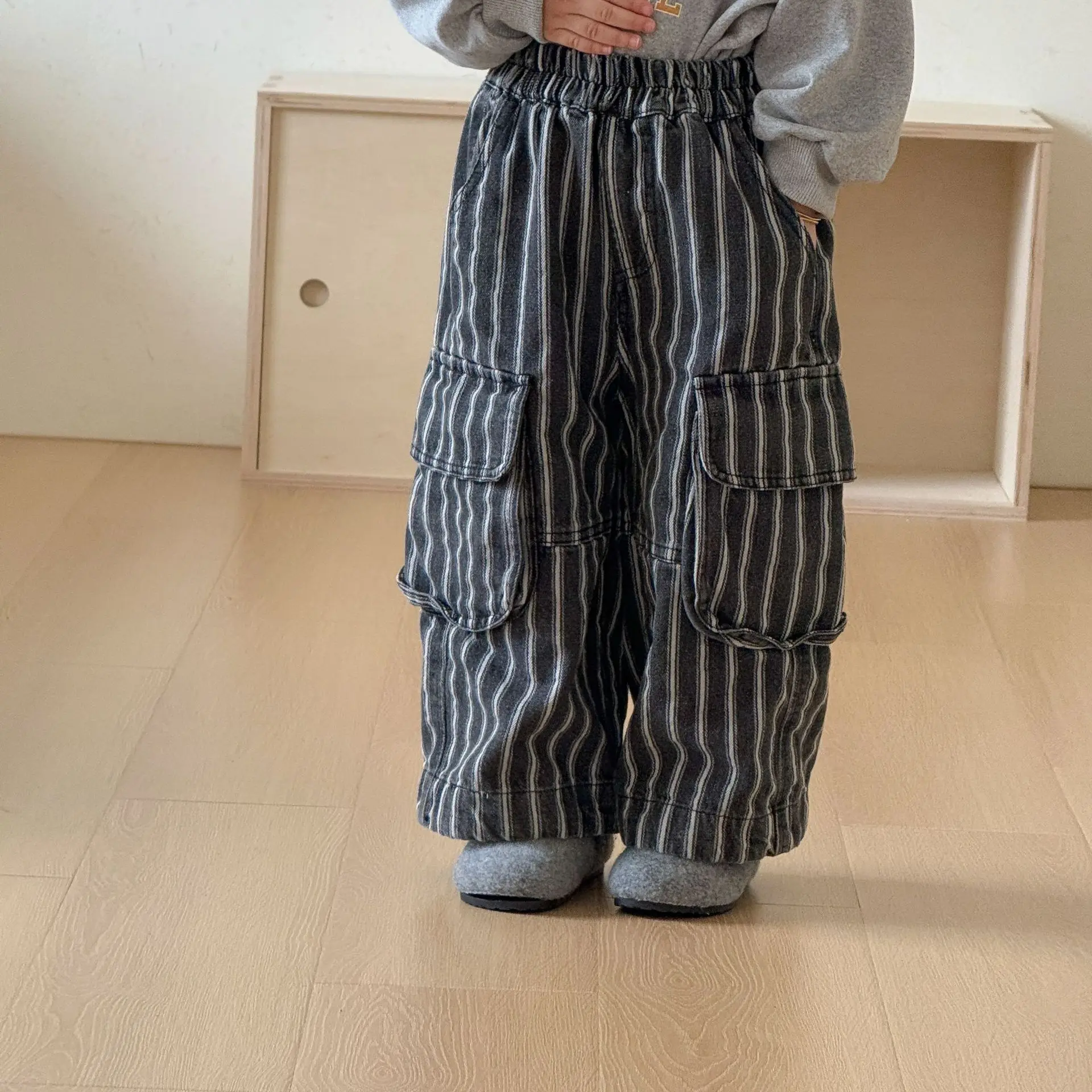 Autumn New Children Loose Denim Trousers Girls Fashion Striped Wide Leg Pants Boys Casual Cargo Pants Kids Clothes