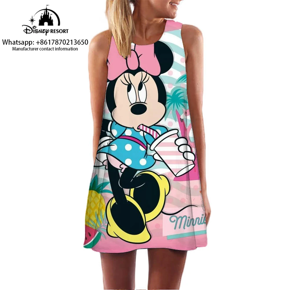 

Pink women's knee-length dress Mickey Mouse cartoon print summer home casual dress cute Minnie pattern sleeveless dress