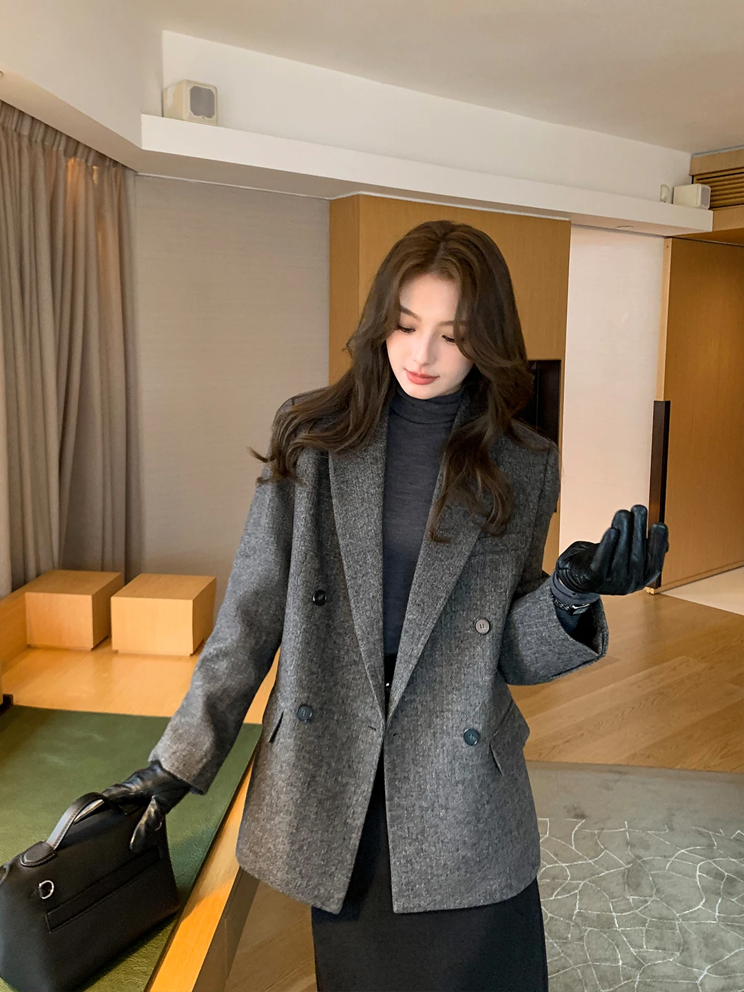 

Classic Woolen Suit Jaet for Women Maven Lin Ele Sle Commute Friendly Long Sve Double Breasted Faion Design
