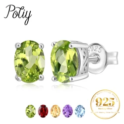 Potiy Natural Oval 2.4ct Garnet Peridot Amethyst Sky Blue Topaz Citrine Stud Earrings 925 Sterling Silver for Women Birthstones